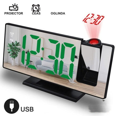 Ceas de masa, cu oglinda si proiectie, din PVC, cu 2 nivele de lumina, 2 alarme, afisaj de zi si luna, 185 X 76/96 X 27/45 mm, incarcare USB, negru/verde