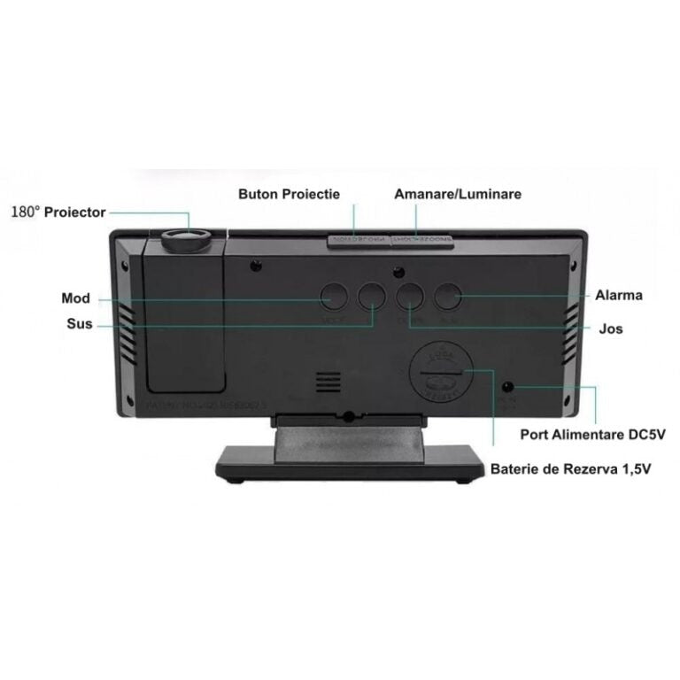 Ceas de masa, cu oglinda si proiectie, din PVC, cu 2 nivele de lumina, 2 alarme, afisaj de zi si luna, 185 X 76/96 X 27/45 mm, incarcare USB, negru/verde