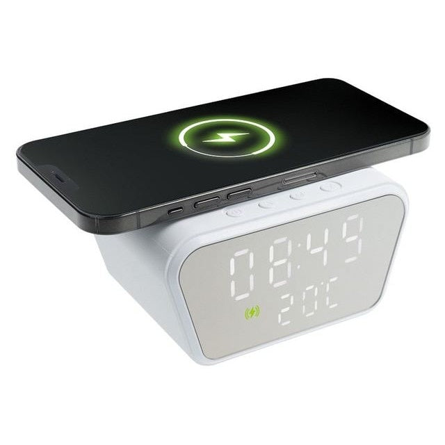 Ceas de masa, cu suprafata de incarcare a dispozitivelor WI-FI, monitorizare temperaturii, afisare a timpului, alarma, din PVC, alb