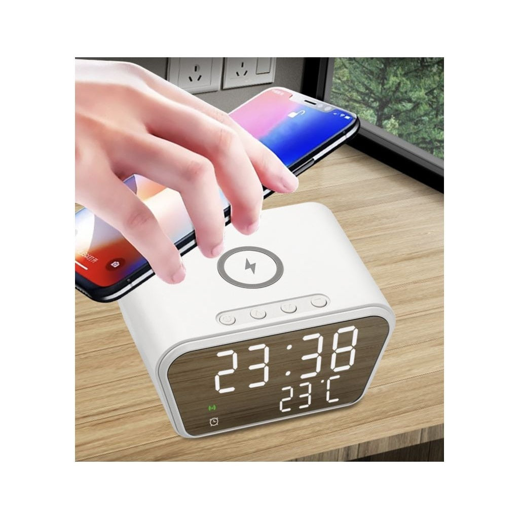 Ceas de masa, cu suprafata de incarcare a dispozitivelor WI-FI, monitorizare temperaturii, afisare a timpului, alarma, din PVC, alb