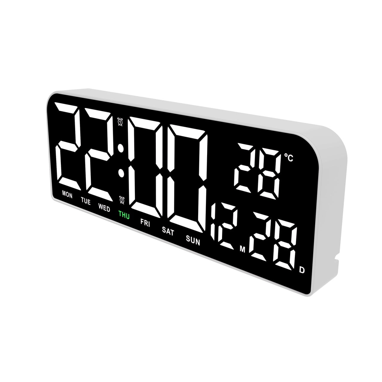 Ceas de masa si de perete, digital, cu lumina led alb, calendar, cronometru, alarma, termometru, functie snooze, 2 moduri de iluminare, dimensiuni 24x9cm, alb/negru