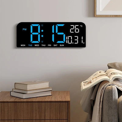 Ceas de masa si de perete, digital, cu lumina led albastru, calendar, cronometru, alarma, termometru, functie snooze, 2 moduri de iluminare, dimensiuni 24x9cm, negru/albastru