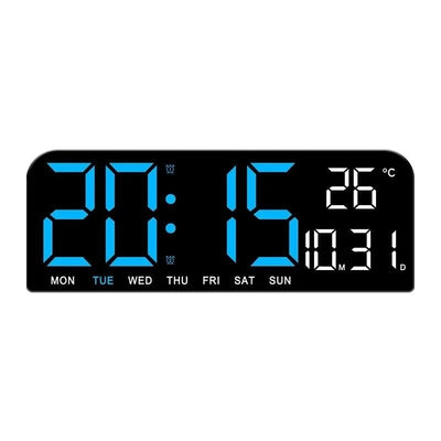 Ceas de masa si de perete, digital, cu lumina led albastru, calendar, cronometru, alarma, termometru, functie snooze, 2 moduri de iluminare, dimensiuni 24x9cm, negru/albastru