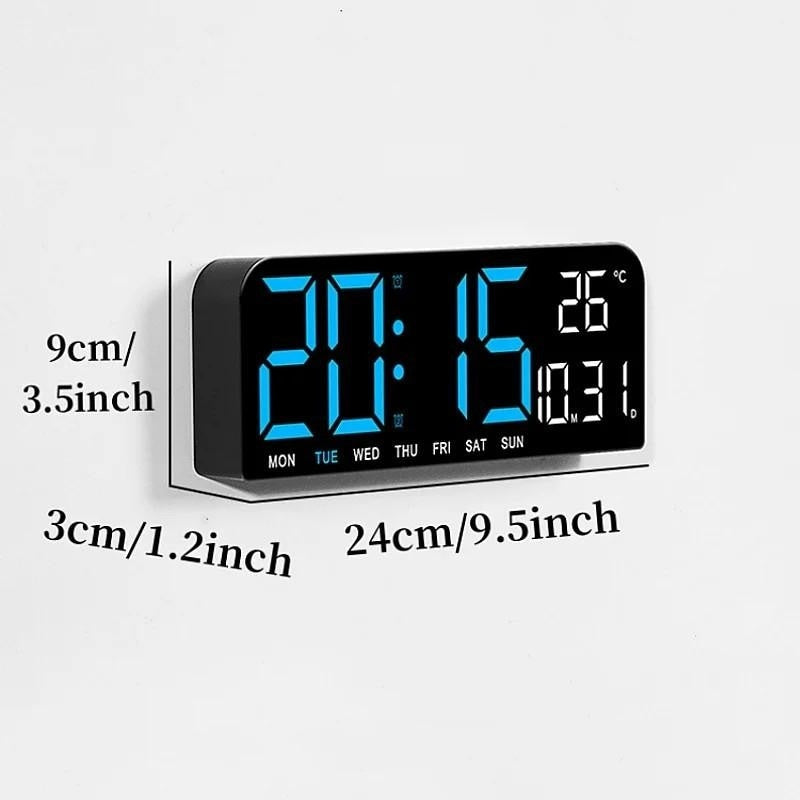Ceas de masa si de perete, digital, cu lumina led albastru, calendar, cronometru, alarma, termometru, functie snooze, 2 moduri de iluminare, dimensiuni 24x9cm, negru/albastru