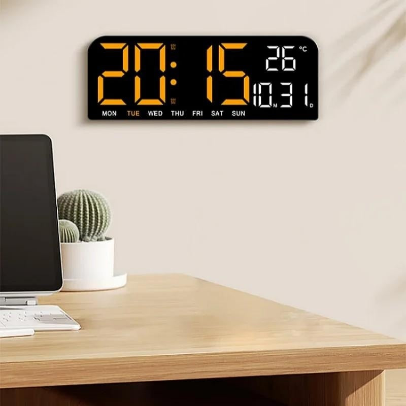 Ceas de masa si de perete, digital, cu lumina led portocaliu, calendar, cronometru, alarma, termometru, functie snooze, 2 moduri de iluminare, dimensiuni 24x9cm, negru/portocaliu