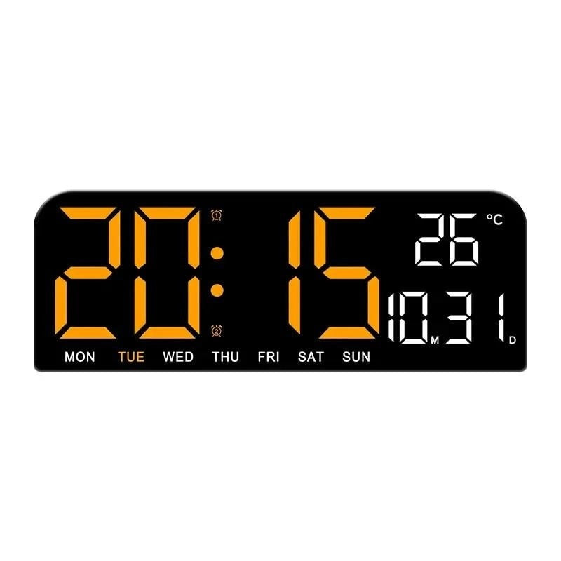 Ceas de masa si de perete, digital, cu lumina led portocaliu, calendar, cronometru, alarma, termometru, functie snooze, 2 moduri de iluminare, dimensiuni 24x9cm, negru/portocaliu