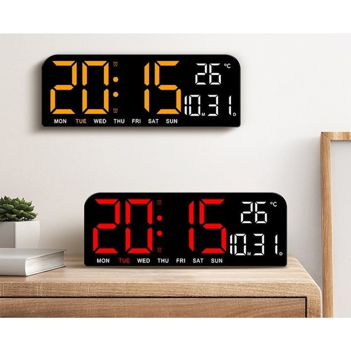 Ceas de masa si de perete, digital, cu lumina led rosu, calendar, cronometru, alarma, termometru, functie snooze, 2 moduri de iluminare, dimensiuni 24x9cm, negru/rosu