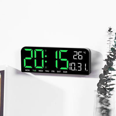 Ceas de masa si de perete, digital, cu lumina led verde, calendar, cronometru, alarma, termometru, functie snooze, 2 moduri de iluminare, dimensiuni 24x9cm, negru/verde