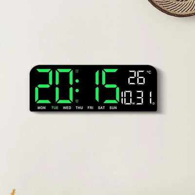 Ceas de masa si de perete, digital, cu lumina led verde, calendar, cronometru, alarma, termometru, functie snooze, 2 moduri de iluminare, dimensiuni 24x9cm, negru/verde