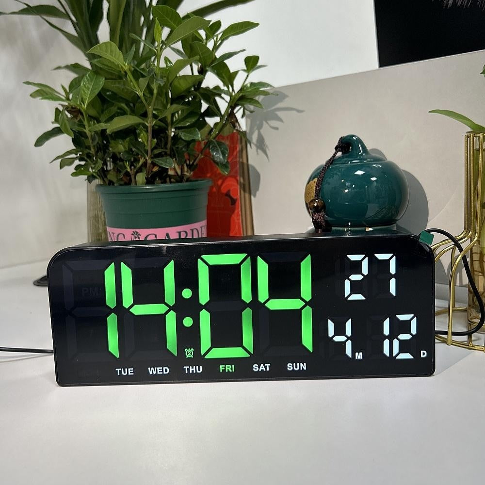 Ceas de masa si de perete, digital, cu lumina led verde, calendar, cronometru, alarma, termometru, functie snooze, 2 moduri de iluminare, dimensiuni 24x9cm, negru/verde