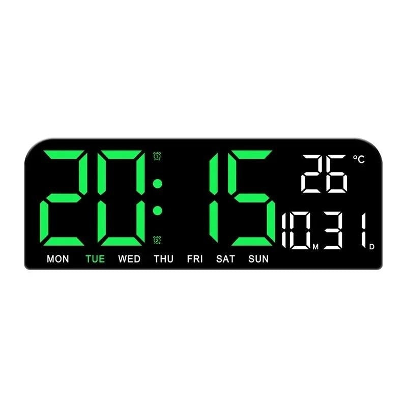 Ceas de masa si de perete, digital, cu lumina led verde, calendar, cronometru, alarma, termometru, functie snooze, 2 moduri de iluminare, dimensiuni 24x9cm, negru/verde
