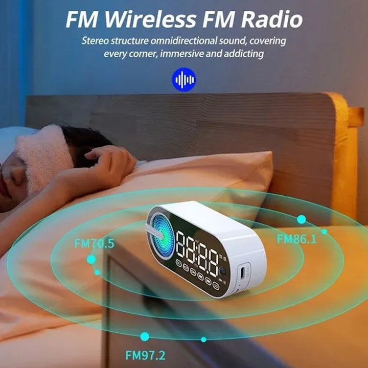 Ceas desteptator cu Bluetooth si radio FM, din ABS, ecran cu oglinda LED de 11,6 cm, cu acumulator, negru