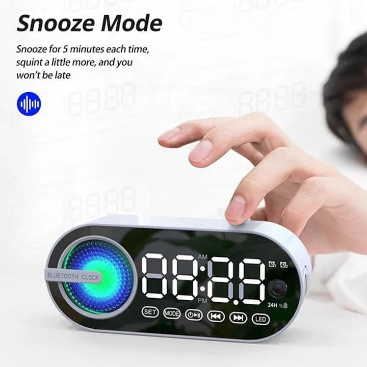 Ceas desteptator cu Bluetooth si radio FM, din ABS, ecran cu oglinda LED de 11,6 cm, cu acumulator, negru