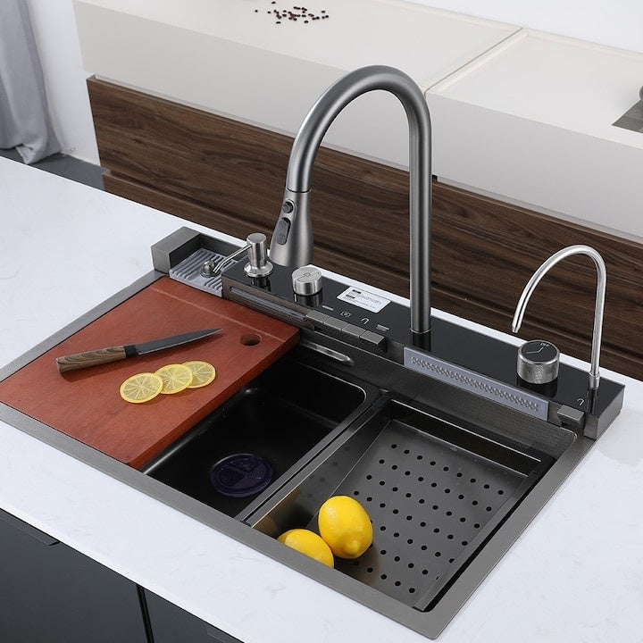 Chiuveta multifunctionala pentru bucatarie, din metal, afisaj LCD pentru temperatura apei, doua functii cascada, dimensiune 75x46 cm, baterie floxibila, gri antracit