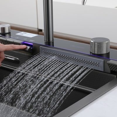 Chiuveta multifunctionala pentru bucatarie, din metal, afisaj LCD pentru temperatura apei, doua functii cascada, dimensiune 75x46 cm, baterie floxibila, gri antracit