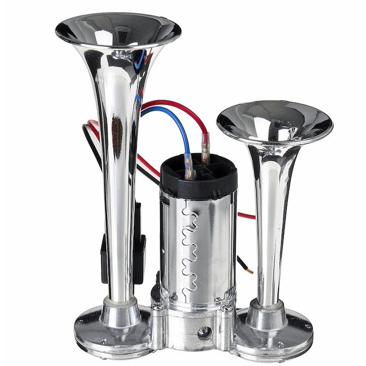 Claxon chrome cu 2 goarne si compresor, sunet clar datorita acoperirii cu crom a otelului inox, instalare pe orice tip de automobil, alimentare cu curent continuu, argintiu