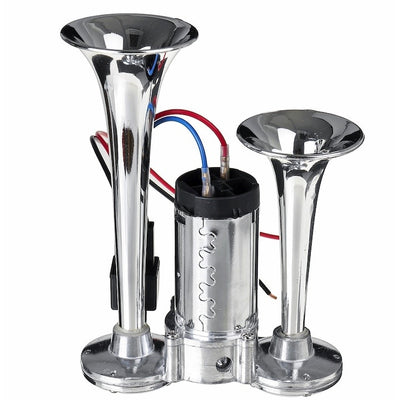 Claxon chrome cu 2 goarne si compresor, sunet clar datorita acoperirii cu crom a otelului inox, instalare pe orice tip de automobil, alimentare cu curent continuu, argintiu
