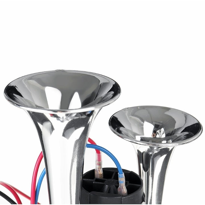 Claxon chrome cu 2 goarne si compresor, sunet clar datorita acoperirii cu crom a otelului inox, instalare pe orice tip de automobil, alimentare cu curent continuu, argintiu
