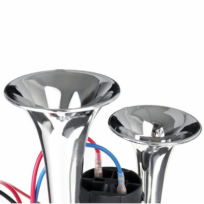 Claxon chrome cu 2 goarne si compresor, sunet clar datorita acoperirii cu crom a otelului inox, instalare pe orice tip de automobil, alimentare cu curent continuu, argintiu