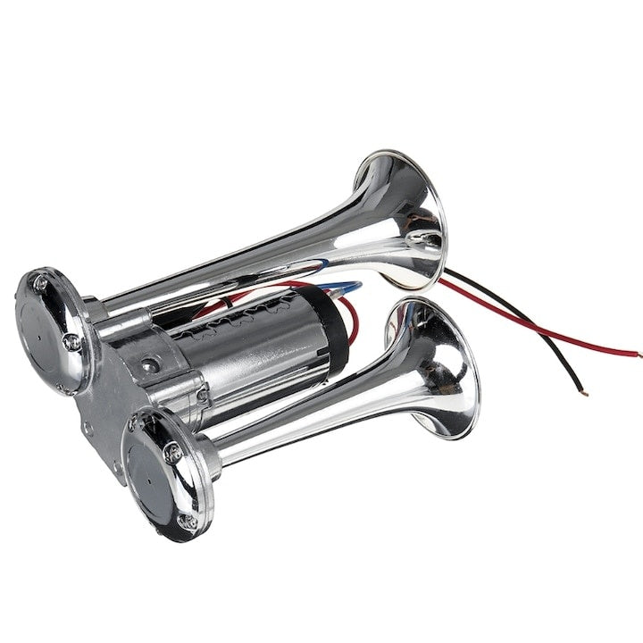 Claxon chrome cu 2 goarne si compresor, sunet clar datorita acoperirii cu crom a otelului inox, instalare pe orice tip de automobil, alimentare cu curent continuu, argintiu