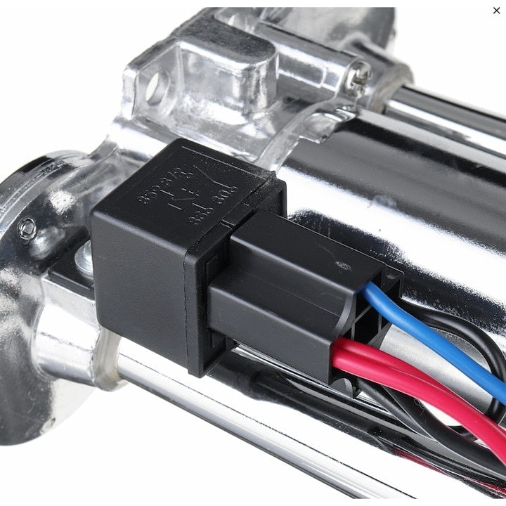 Claxon chrome cu 2 goarne si compresor, sunet clar datorita acoperirii cu crom a otelului inox, instalare pe orice tip de automobil, alimentare cu curent continuu, argintiu