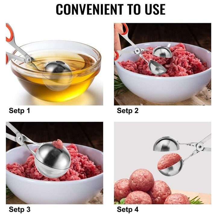 Cleste de bucatarie, pentru prepararea bilelor din carne, din otel inoxidabil, maner ergonomic, argintiu