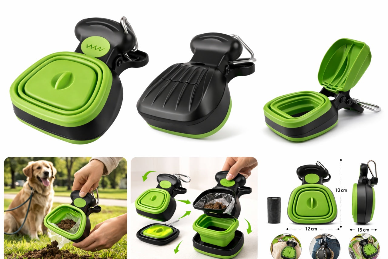 Cleste pentru excremente caini – cleste din plastic pliabil, cu carabina, portabil, Verde