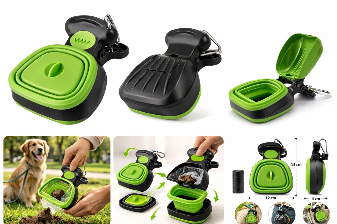 Cleste pentru excremente caini – cleste din plastic pliabil, cu carabina, portabil, Verde