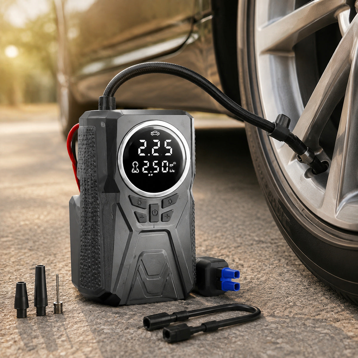 Compresor Auto Digital Portabil cu Display și Accesorii, Gri – imagine comercială