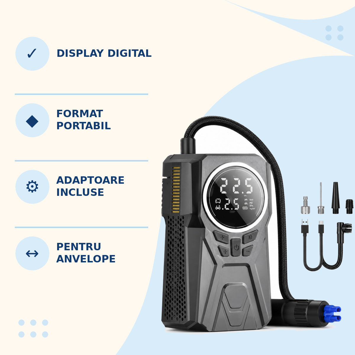 Compresor Auto Digital Portabil cu Display și Accesorii, Gri – caracteristici