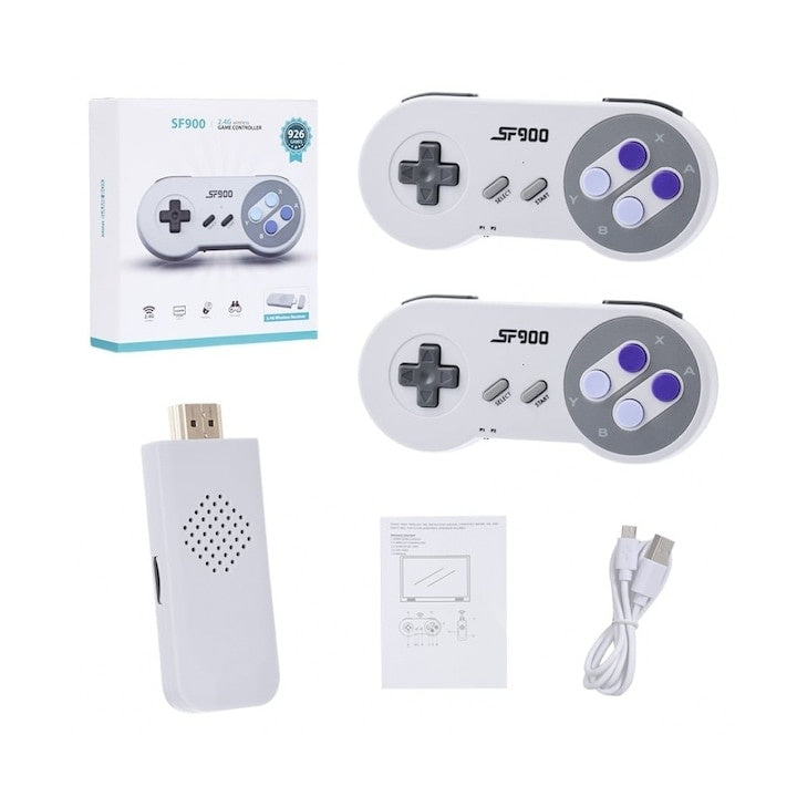 Consola de jocuri, pentru PC sau TV, cu doua joystick-uri wireless, 5000 de jocuri instalate, compatibilitate HD, alb/gri