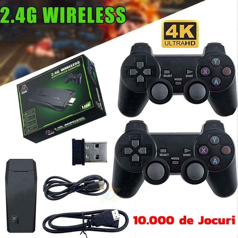 Consola Retro Zenino Tip Stick - 10.000 de Jocuri Video, Compatibila cu 9 Emulatoare, 2xControler Wireless, 4K, USB 2.4 GHz, 32GB, Negru