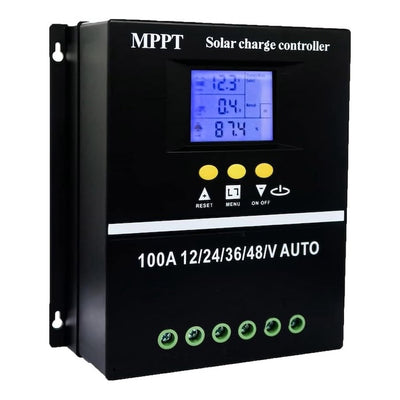 Controler de incarcare solar 100A, Regulator inteligent cu port USB dublu, parametrul automat PWM, display LCD, 7 moduri de functionare, 6 protectii functionale, 12V/24V/36V/48V, negru