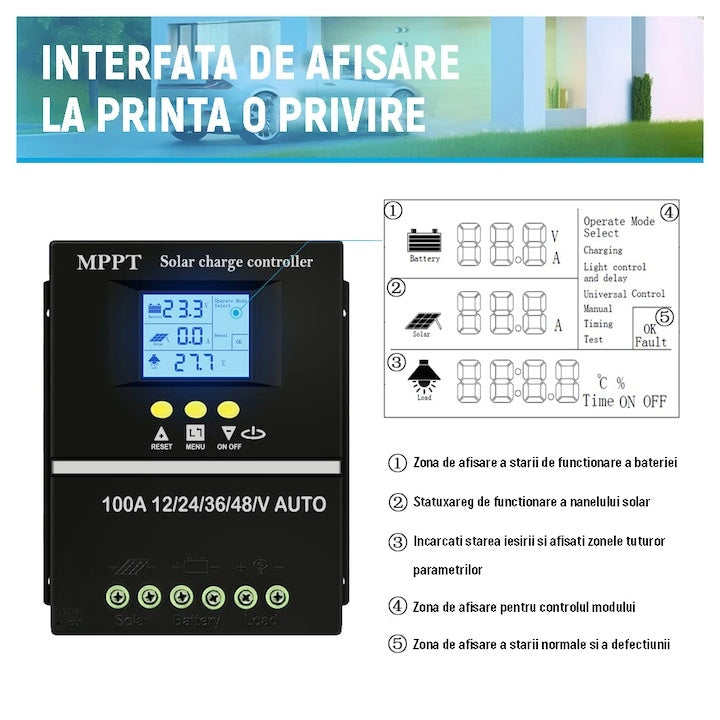 Controler de incarcare solar 100A, Regulator inteligent cu port USB dublu, parametrul automat PWM, display LCD, 7 moduri de functionare, 6 protectii functionale, 12V/24V/36V/48V, negru