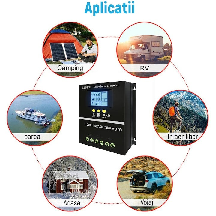 Controler de incarcare solar 100A, Regulator inteligent cu port USB dublu, parametrul automat PWM, display LCD, 7 moduri de functionare, 6 protectii functionale, 12V/24V/36V/48V, negru