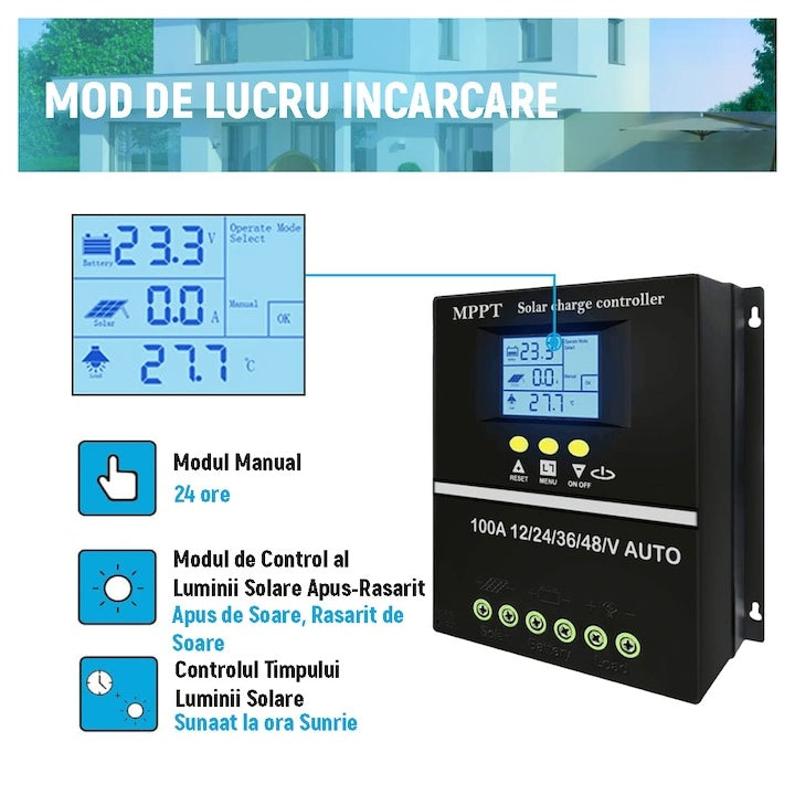 Controler de incarcare solar 100A, Regulator inteligent cu port USB dublu, parametrul automat PWM, display LCD, 7 moduri de functionare, 6 protectii functionale, 12V/24V/36V/48V, negru