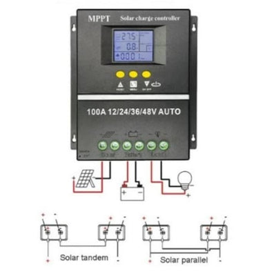 Controler solar, MPPT, PWM, 12V/24V/36V/48V, 100A, display LCD, 7 moduri de functionare, detecteare automata a bateriei, negru