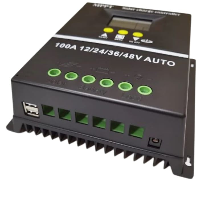 Controler solar, MPPT, PWM, 12V/24V/36V/48V, 100A, display LCD, 7 moduri de functionare, detecteare automata a bateriei, negru