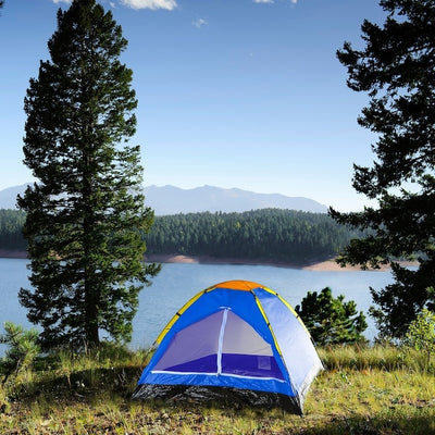 Cort pentru camping, dimensiuni 200x 200x 135cm, pentru 3-4 persoane, impermeabil, din polistiren, cu plasa de tantari, multicolor