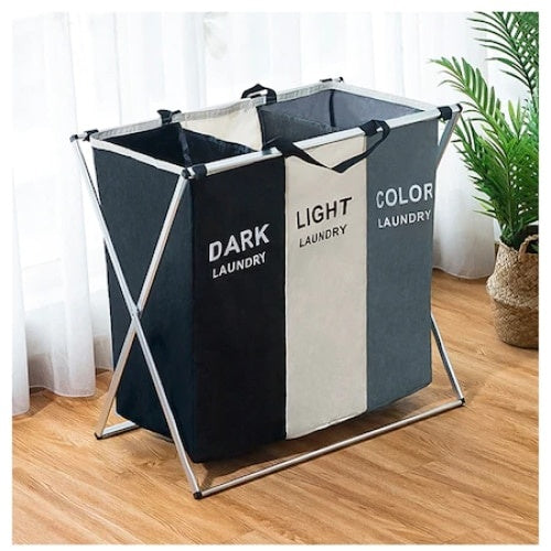 Cos de rufe, din material textil si cadru de aluminiu, cu 3 compartimente, negru/gri