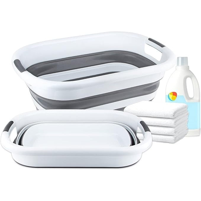 Cos de rufe tip lighean, pliabil, usor de depozitat, din plastic si silicon, cu manere, dimensiuni 53X38X23 cm, alb/gri