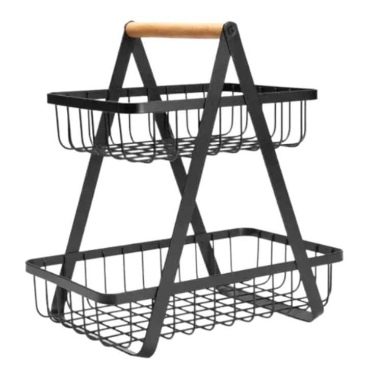 Cos pentru fructe, legume si paine, decorativ, din metal, cu maner din lemn, cu 2 etaje, inaltime 32 cm, negru