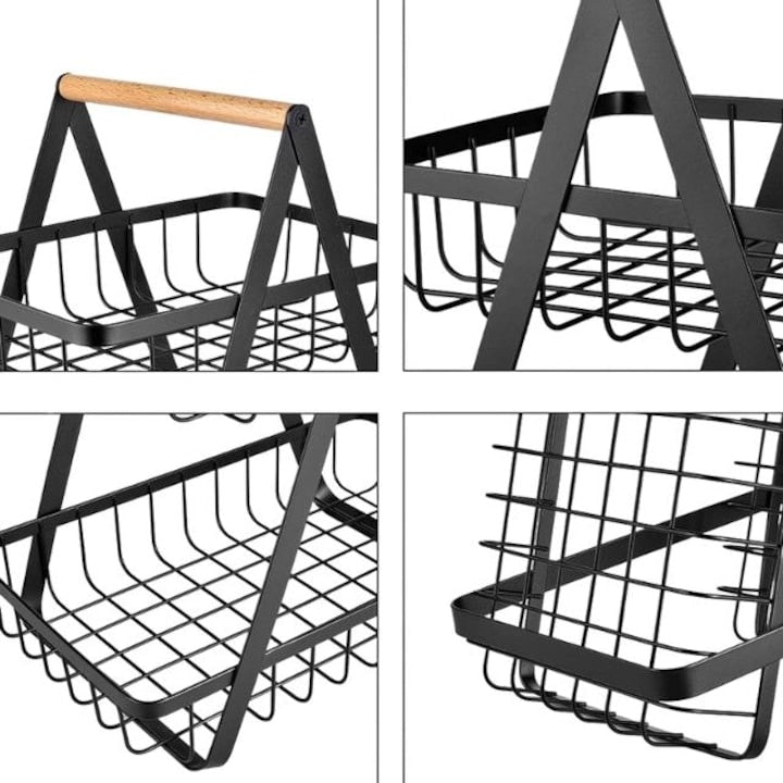 Cos pentru fructe, legume si paine, decorativ, din metal, cu maner din lemn, cu 2 etaje, inaltime 32 cm, negru