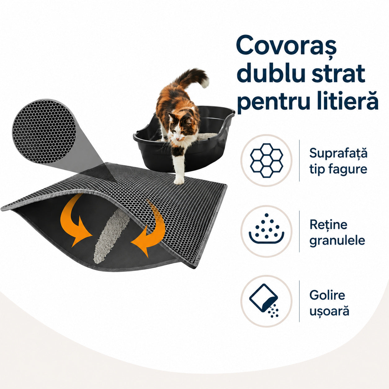 Covoraș pentru Litiera Pisicii, Dublu Strat, Tip Fagure, Negru – imagine 3