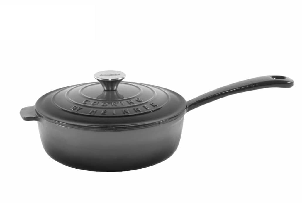 Cratita fonta emailata cu coada si capac 24x8cm, capacitate 2.5L, Marble Gray