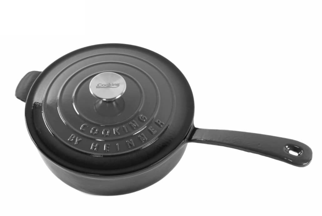 Cratita fonta emailata cu coada si capac 24x8cm, capacitate 2.5L, Marble Gray