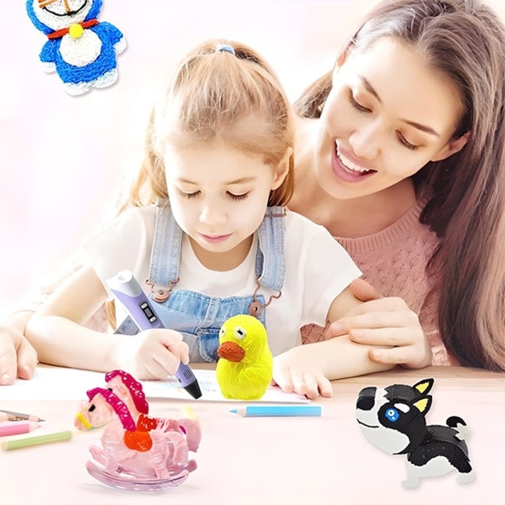 Creion 3D, pentru desenat in spatiu, cu filament inclus, cu display LCD, incarcare USB, verde