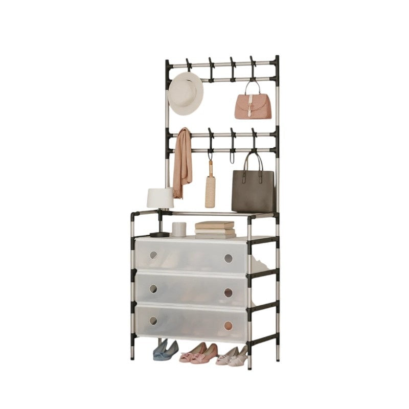 Cuier cu raft pantofi pe 3 niveluri si 8 carlige duble, suport haine si incaltaminte pentru hol, 153 x 60 cm