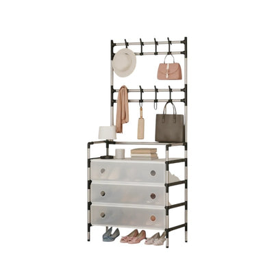 Cuier cu raft pantofi pe 3 niveluri si 8 carlige duble, suport haine si incaltaminte pentru hol, 153 x 60 cm