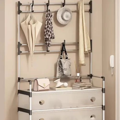 Cuier cu raft pantofi pe 3 niveluri si 8 carlige duble, suport haine si incaltaminte pentru hol, 153 x 60 cm